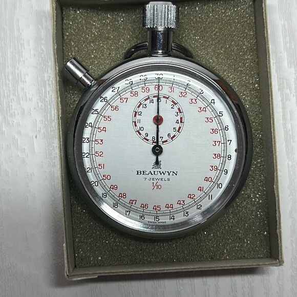 Vtg BEAUWYN 7 Jewel 1/10 Swiss Pocket Timer Mechanical Stopwatch Box Switzerland - Picture 2 of 8